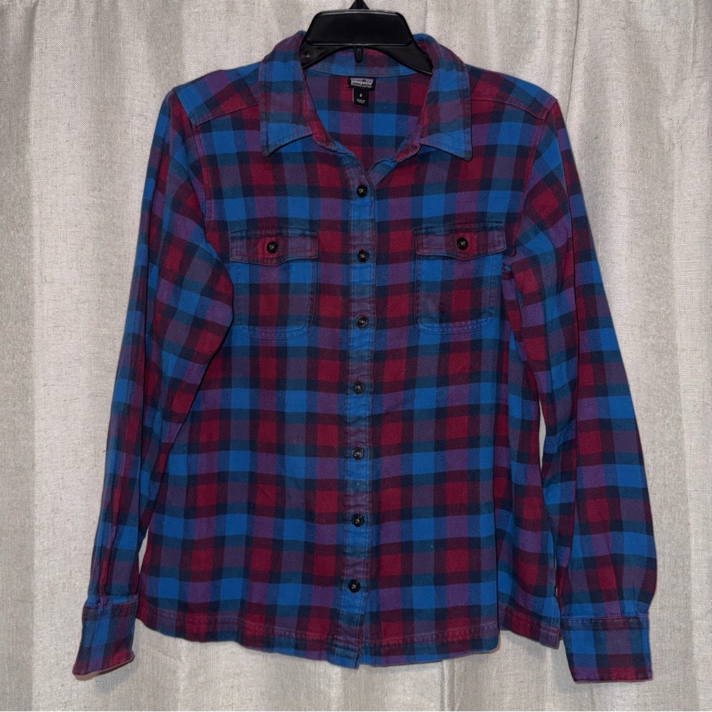 Patagonia Blue and Red Plaid Shirt 100% Organic Cotton Size 8 Super Soft